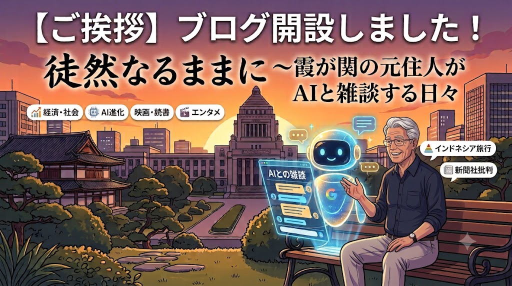 国会議事堂を背景に、ベンチで元官僚の男性とAIロボットが楽しげに雑談しているイラスト。「【ご挨拶】ブログ開設しました！ 徒然なるままに～霞が関の元住人がAIと雑談する日々」という文字と、経済・AI・映画・インドネシア旅行などのテーマアイコンが描かれたアイキャッチ画像。