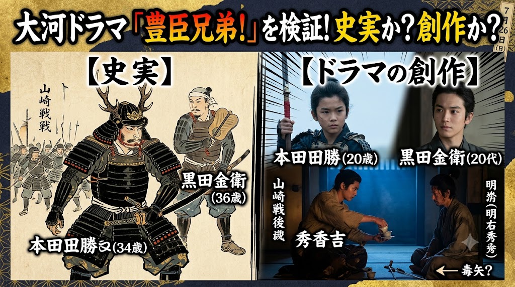 大河ドラマ豊臣兄弟！の史実と創作を比較検証するブログアイキャッチ画像。左に30代の史実の本多忠勝・黒田官兵衛、右に20代のドラマ設定の二人と、秀吉・光秀の茶の場面、毒矢の疑問を描写。