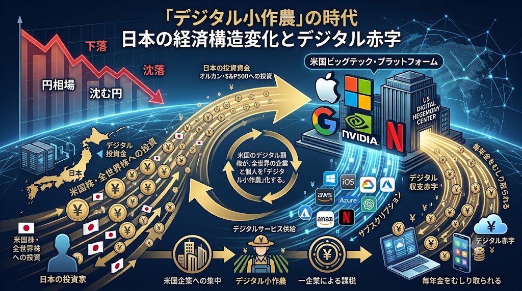 デジタル赤字と円安のスパイラルを表すイメージ画像。マイクロソフトなどのビッグテックへのサブスクの支払いや新NISAによる米国株投資などによる資金流出がもたらす円安