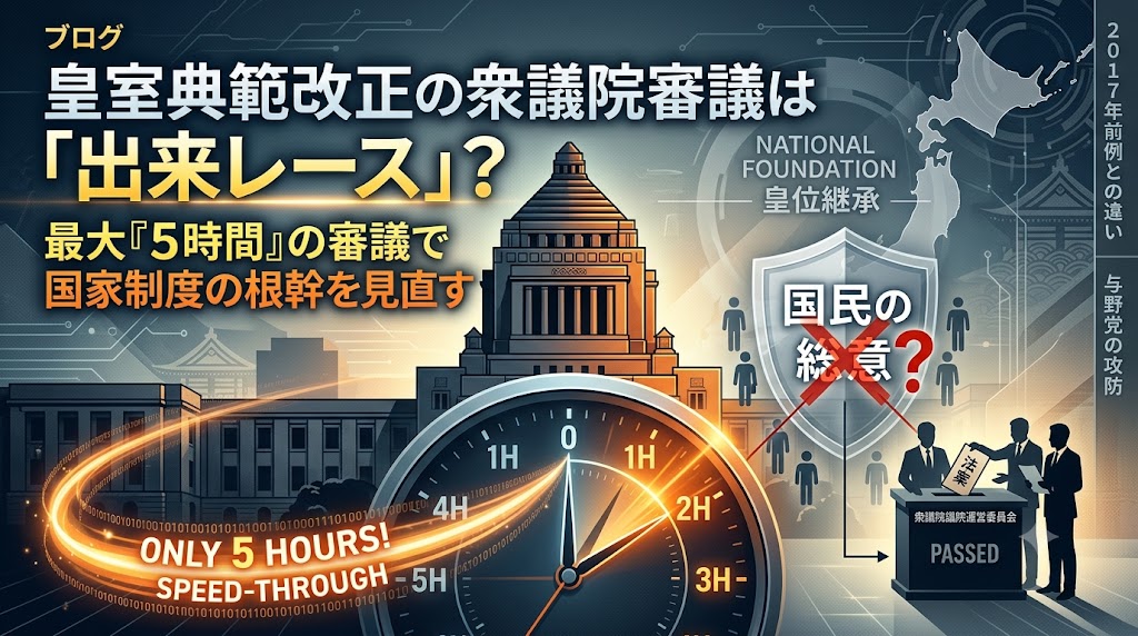国会議事堂とスピード通過する時計を背景に、「皇室典範改正の衆議院審議は「出来レース」？」「最大『5時間』の審議で国家制度の根幹を見直す」と書かれたブログ用画像。わずかな審議時間で重要な法案が可決されることへの疑問を表現している。