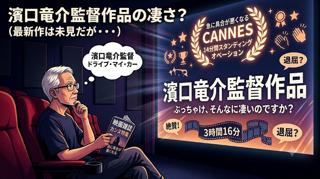 映画館で座る男性が、濱口竜介監督の「3時間16分」「絶賛」「退屈？」といった評判が映るスクリーンを見て、複雑な表情で思索しているイラスト。記事タイトル「濱口竜介監督作品の凄さ？」の文字。