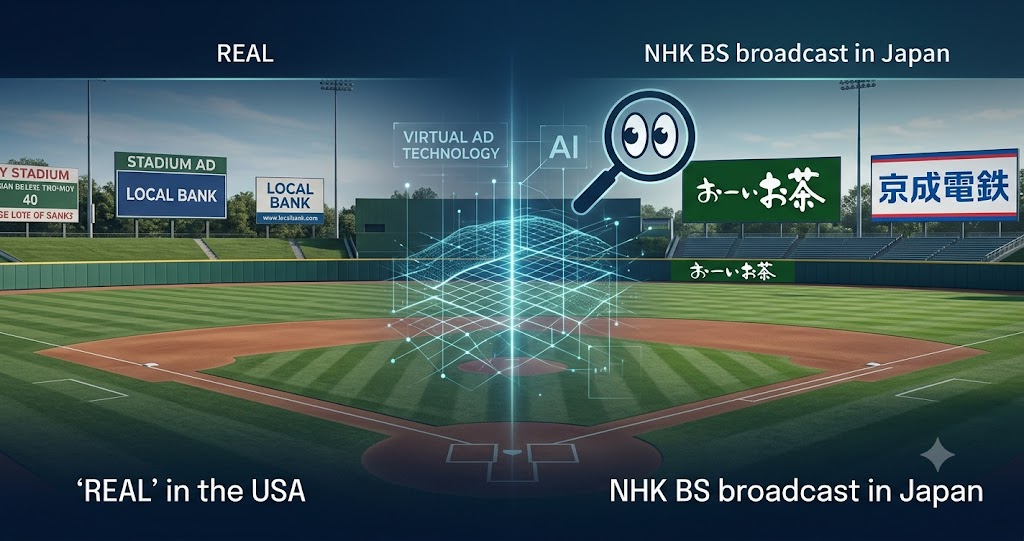 NHKのMLB中継で日本語のバーチャル広告（おーいお茶、京成電鉄）がバックネット裏に合成される仕組みを、現実の球場と放送映像の比較で図解したアイキャッチ画像。公共放送の広告禁止規定と最新技術の矛盾をテーマにしている。