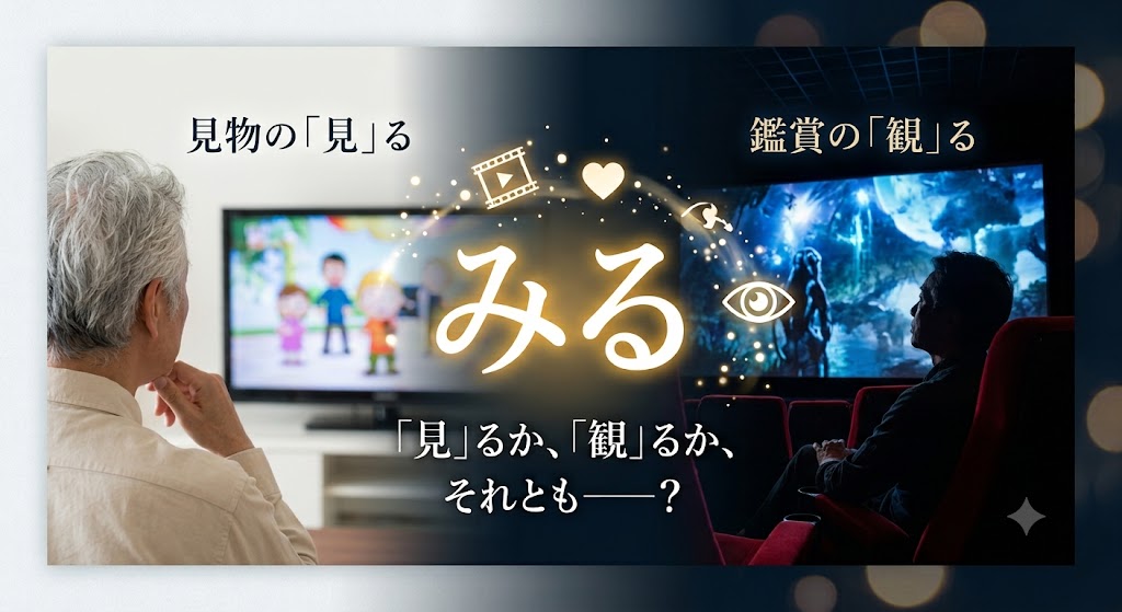 明るい部屋でカジュアルにテレビを見る人と、暗い映画館で没入してスクリーンを見上げる人の対比。中央には大きくひらがなで「みる」と描かれ、「『見』るか、『観』るか、それとも――？」という問いかけのテキストが添えられている、ブログのアイキャッチ画像。
