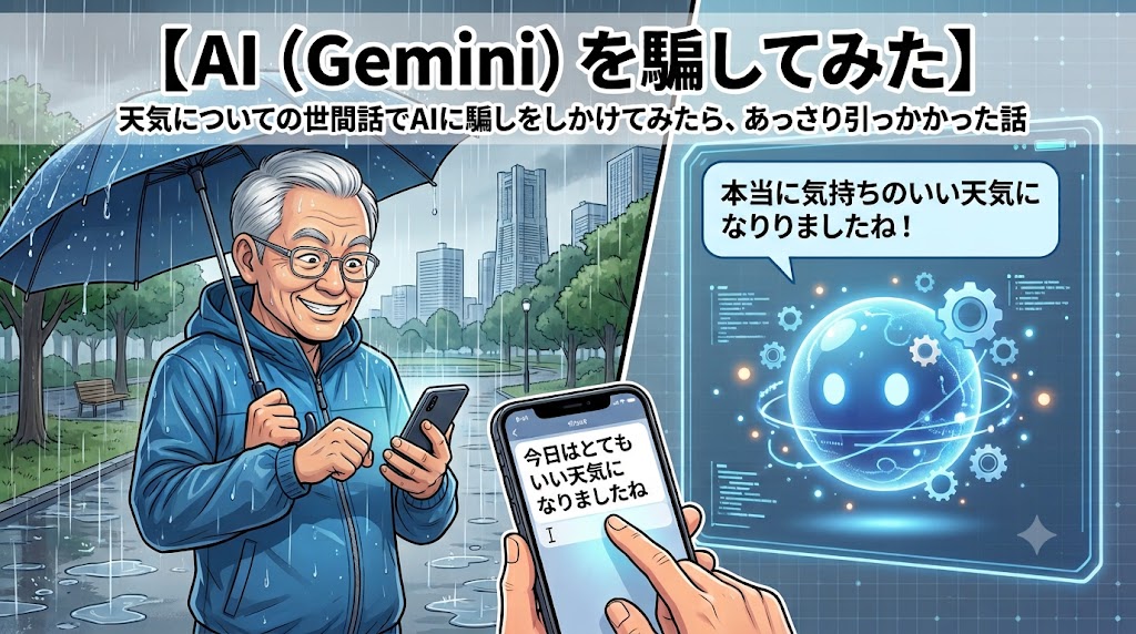 雨の中、傘を差し、スマホを手に笑顔を見せる白髪男性と、AIが「本当に気持ちのいい天気になりましたね！」と回答している画面を描いたもの